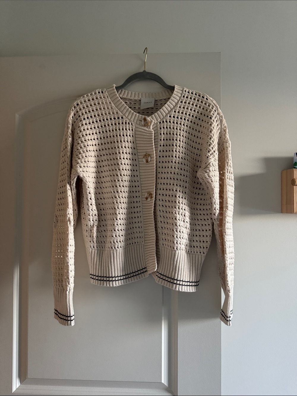Varley Cream Open-Weave Button Cardigan with Contrast Trim